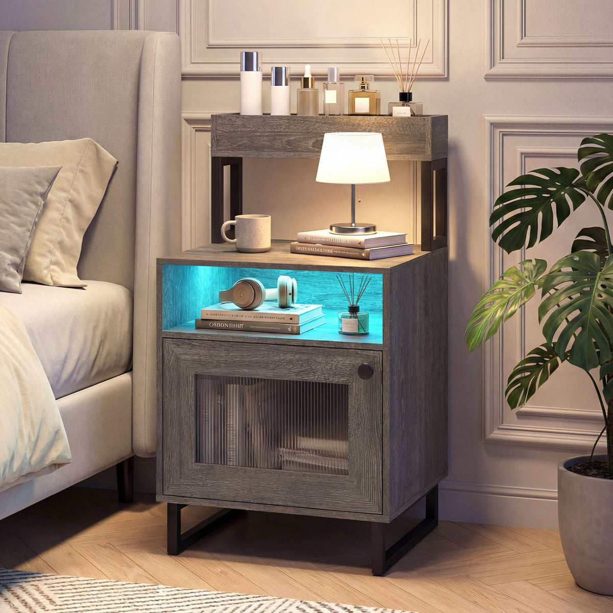 LED Nightstand with Storage, Gray