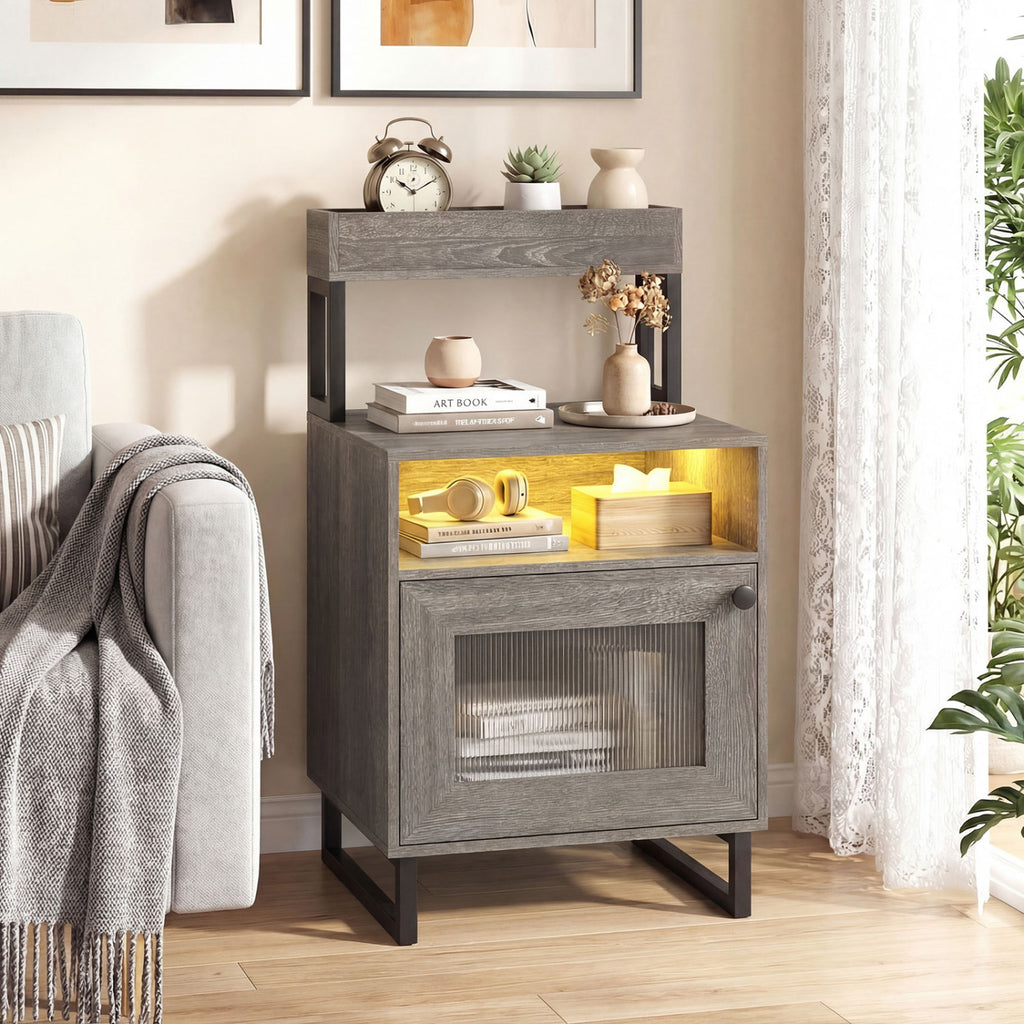 LED Nightstand with Storage, Gray