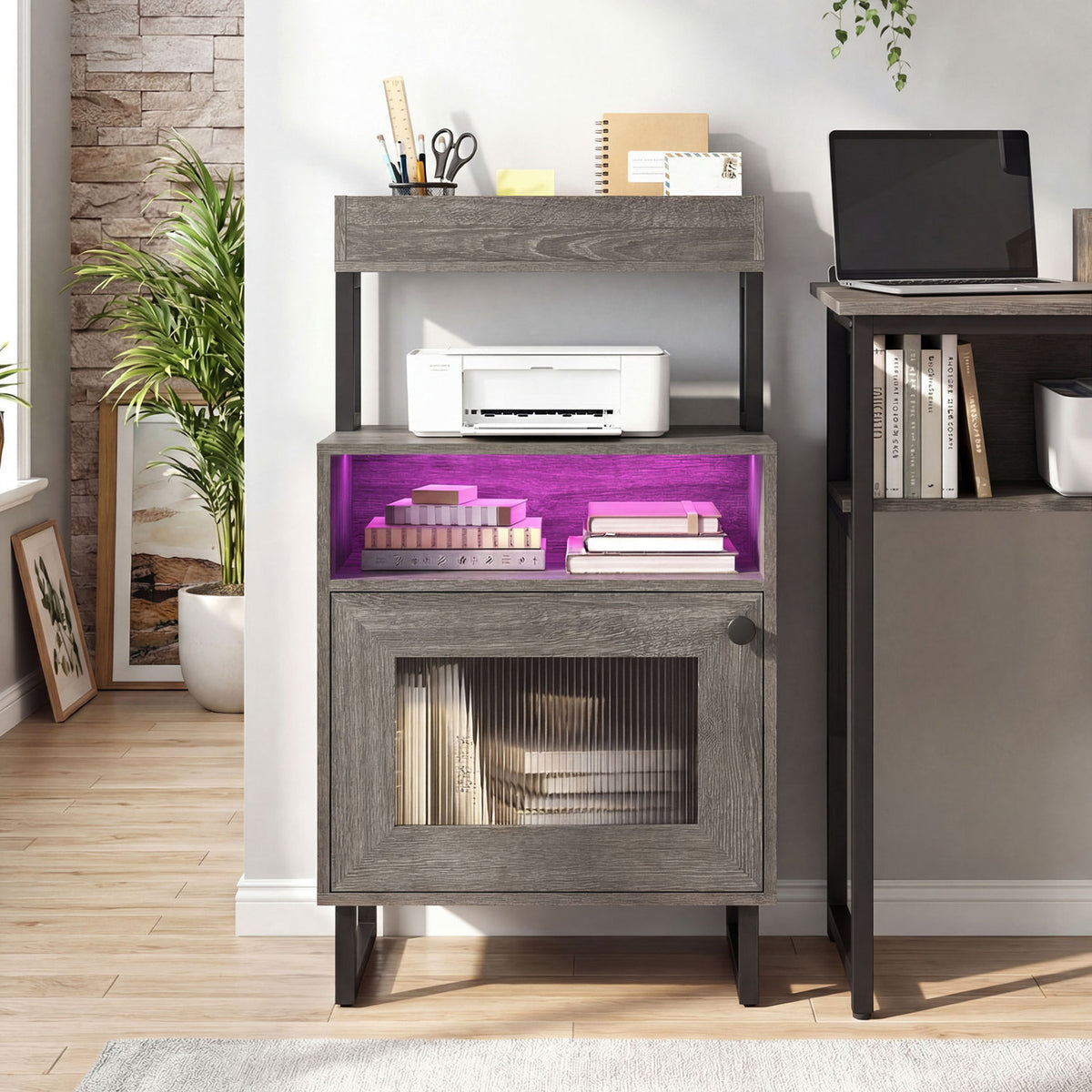 LED Nightstand with Storage, Gray