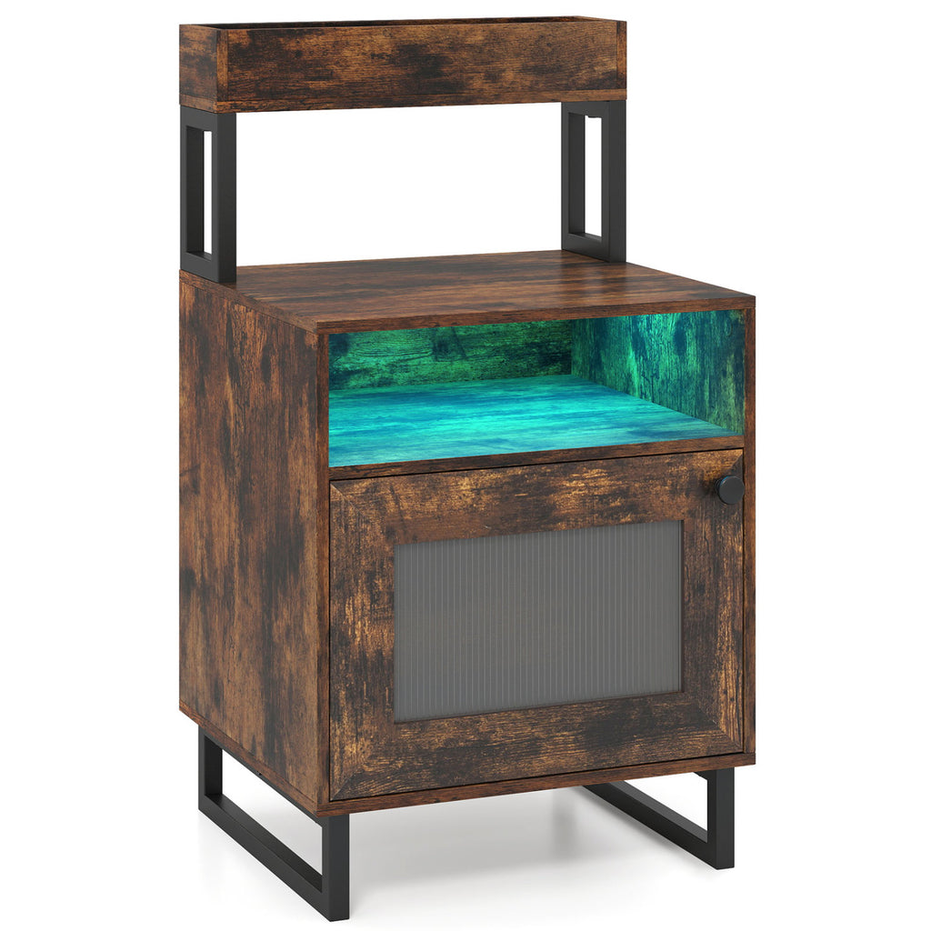 LED Nightstand with Storage, Rustic Brown