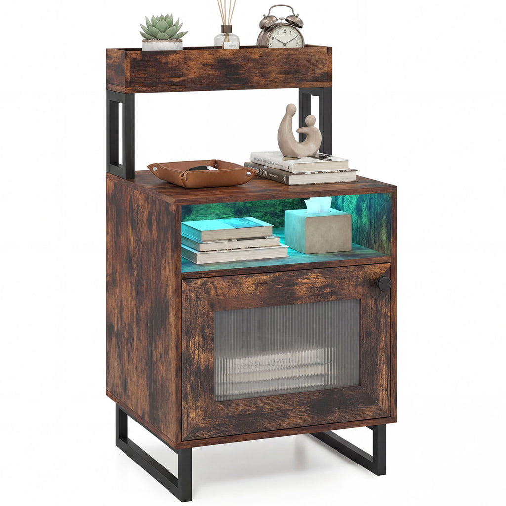 LED Nightstand with Storage, Rustic Brown