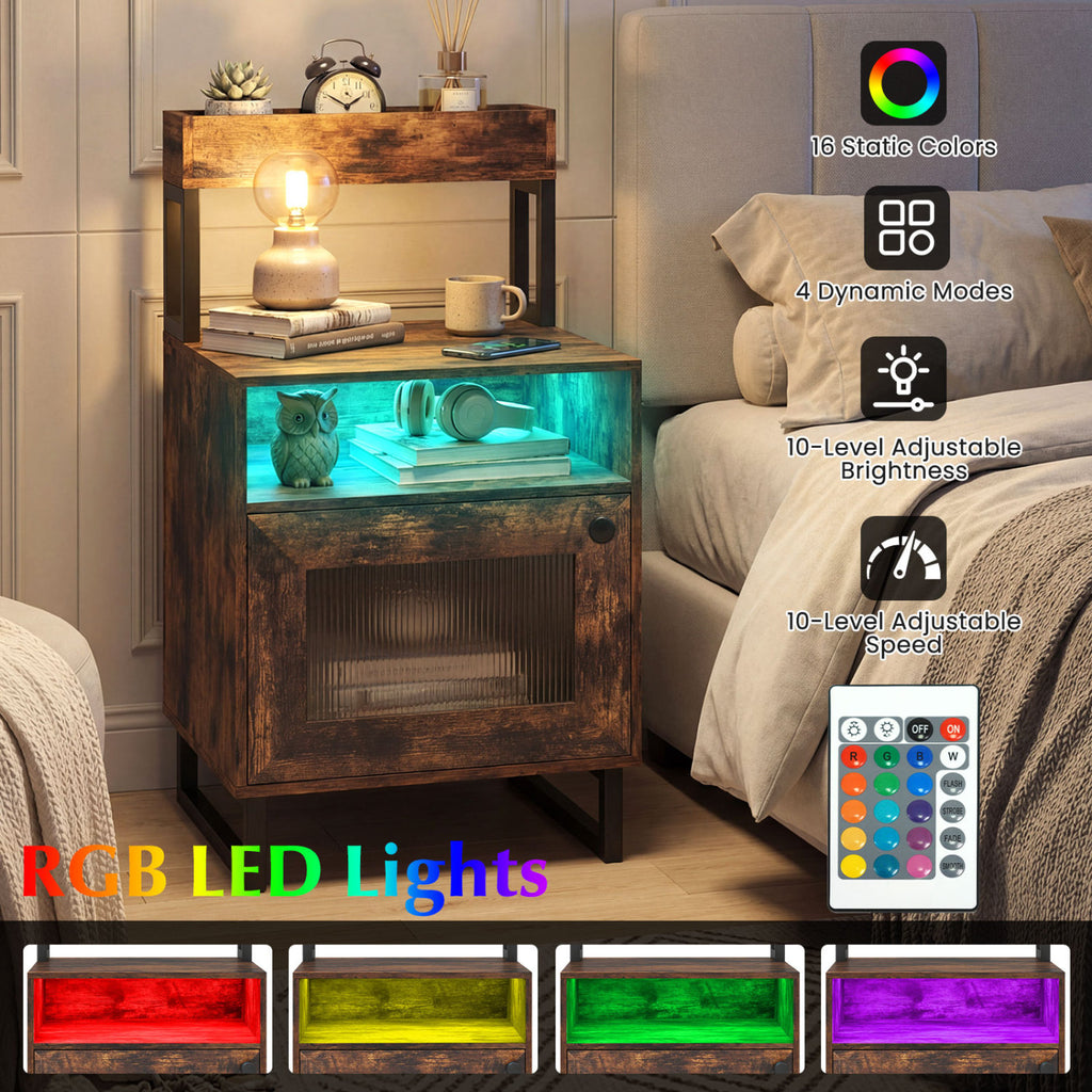 LED Nightstand with Storage, Rustic Brown