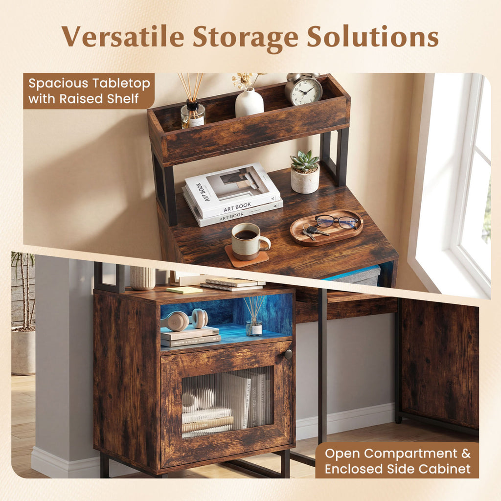 LED Nightstand with Storage, Rustic Brown