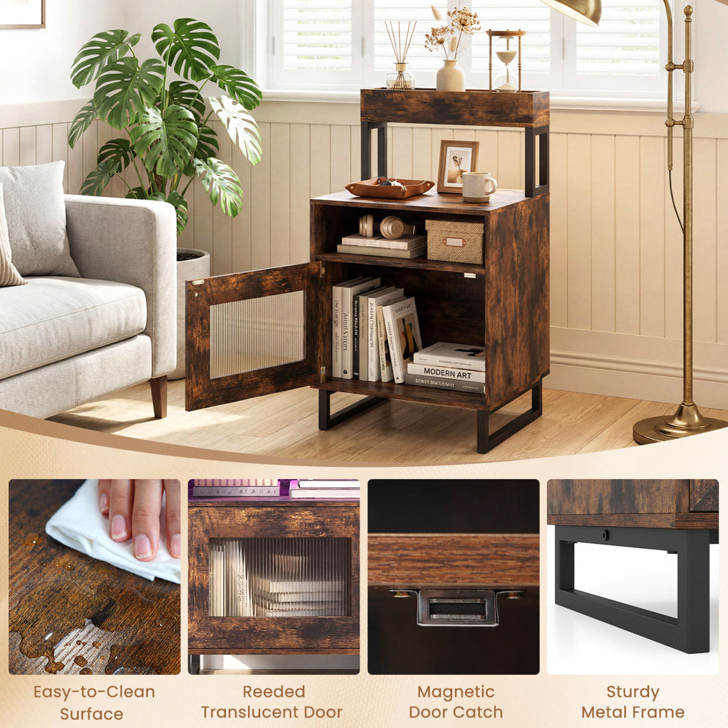 LED Nightstand with Storage, Rustic Brown