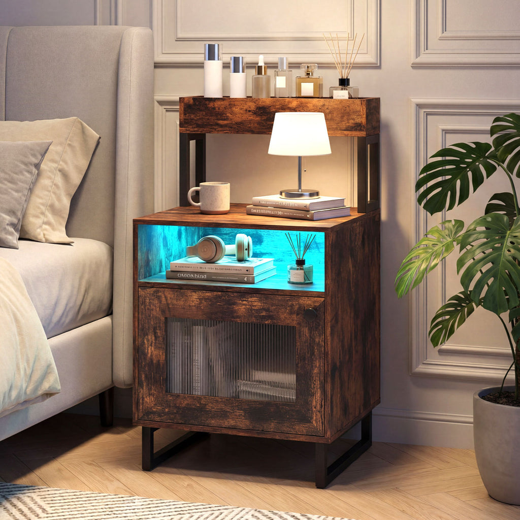 LED Nightstand with Storage, Rustic Brown