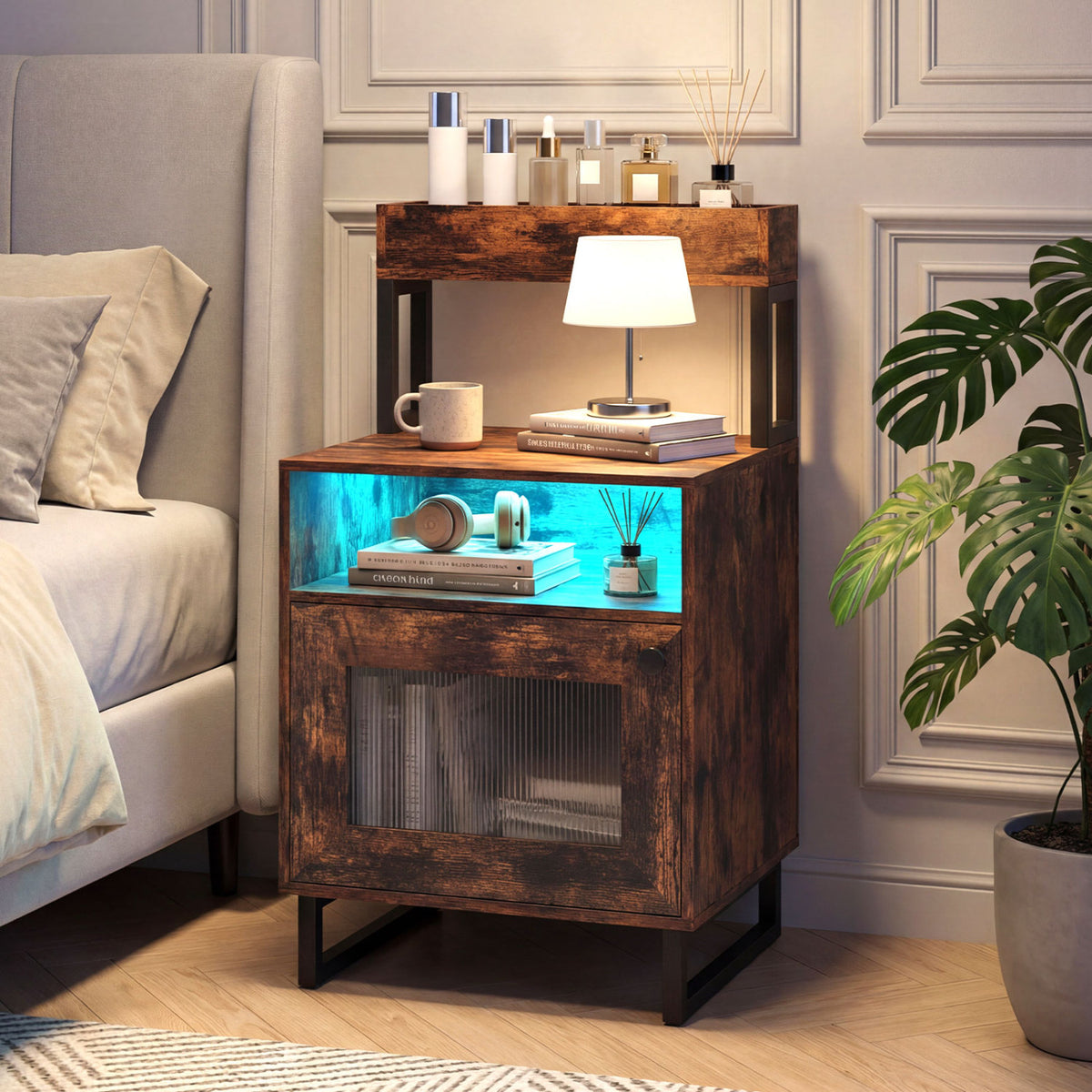 LED Nightstand with Storage, Rustic Brown