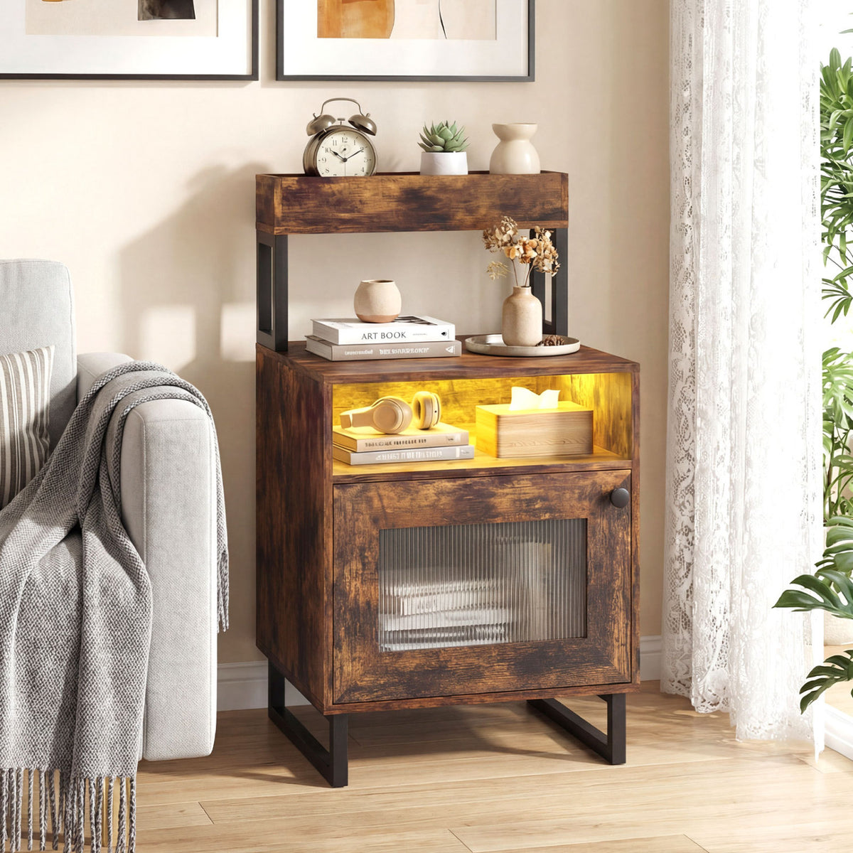 LED Nightstand with Storage, Rustic Brown