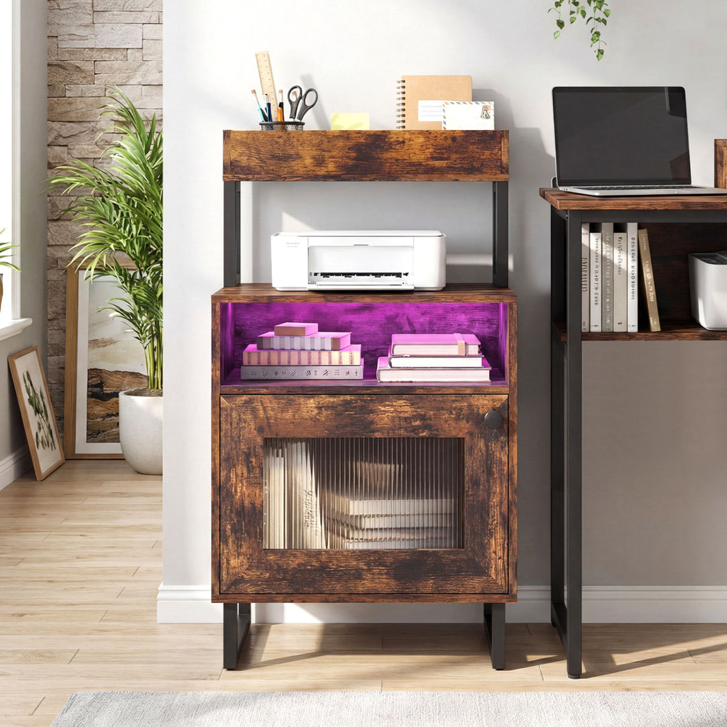 LED Nightstand with Storage, Rustic Brown