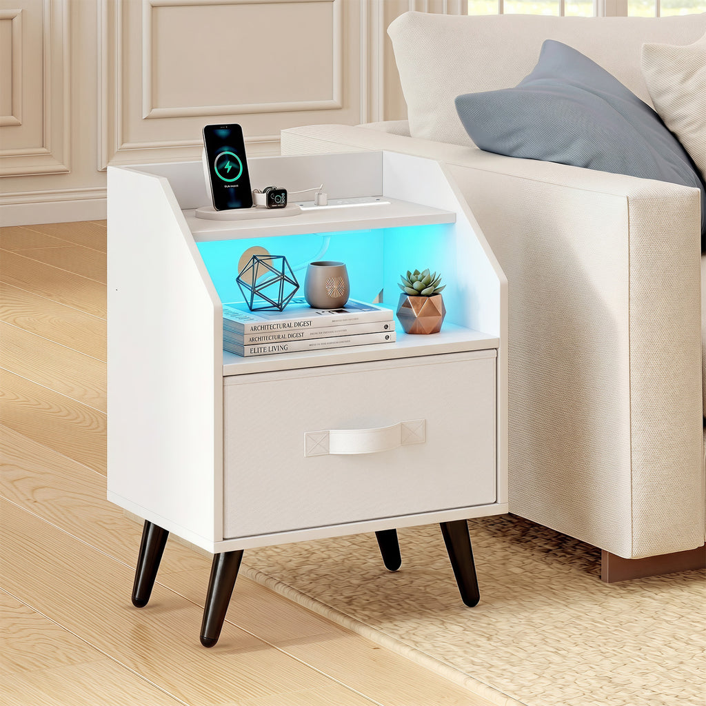 Nightstand with Power Outlets and LED Lighting, White