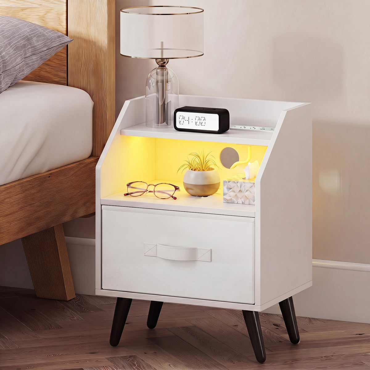 Nightstand with Power Outlets and LED Lighting, White