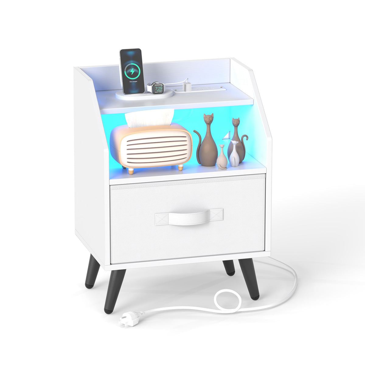 Nightstand with Power Outlets and LED Lighting, White