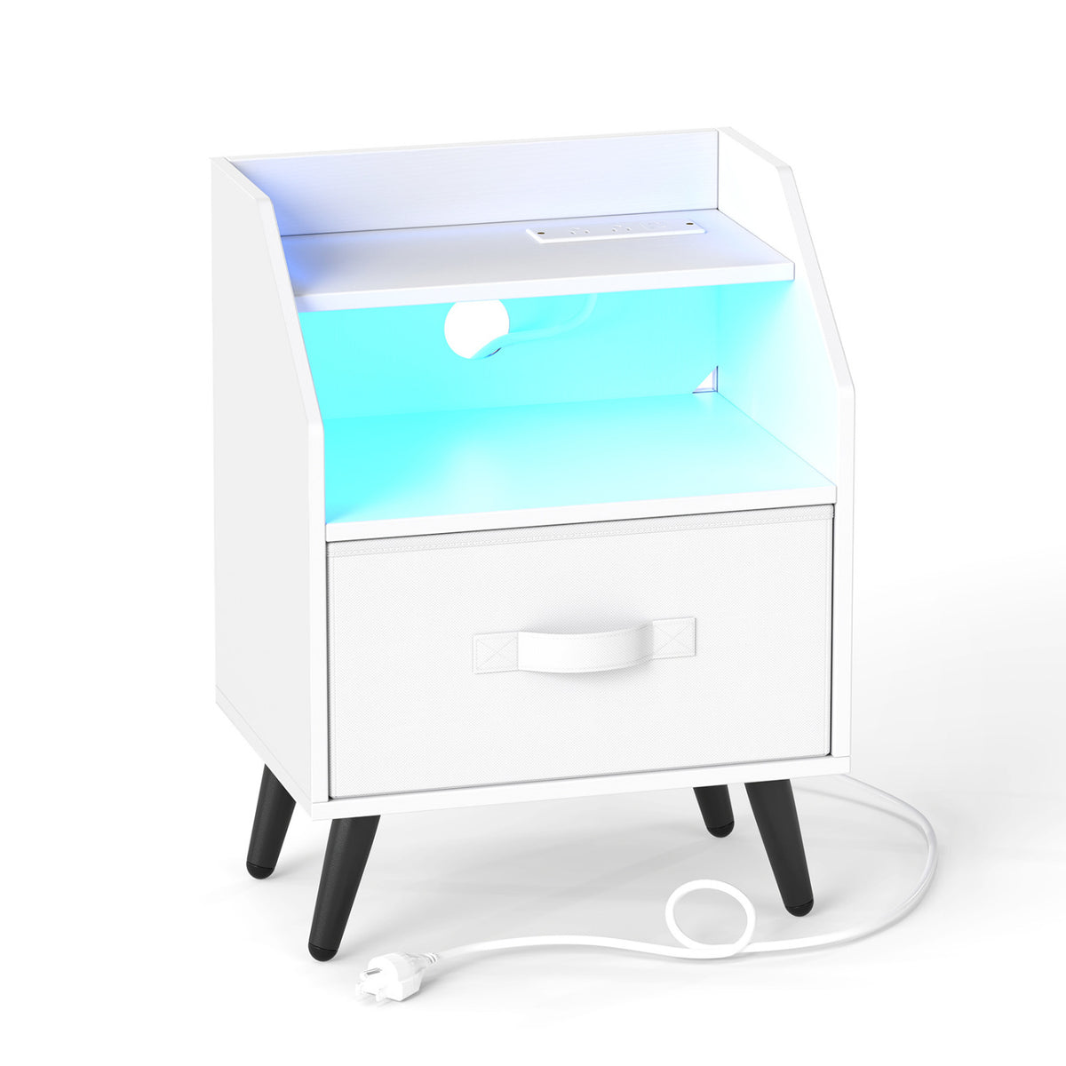 Nightstand with Power Outlets and LED Lighting - White