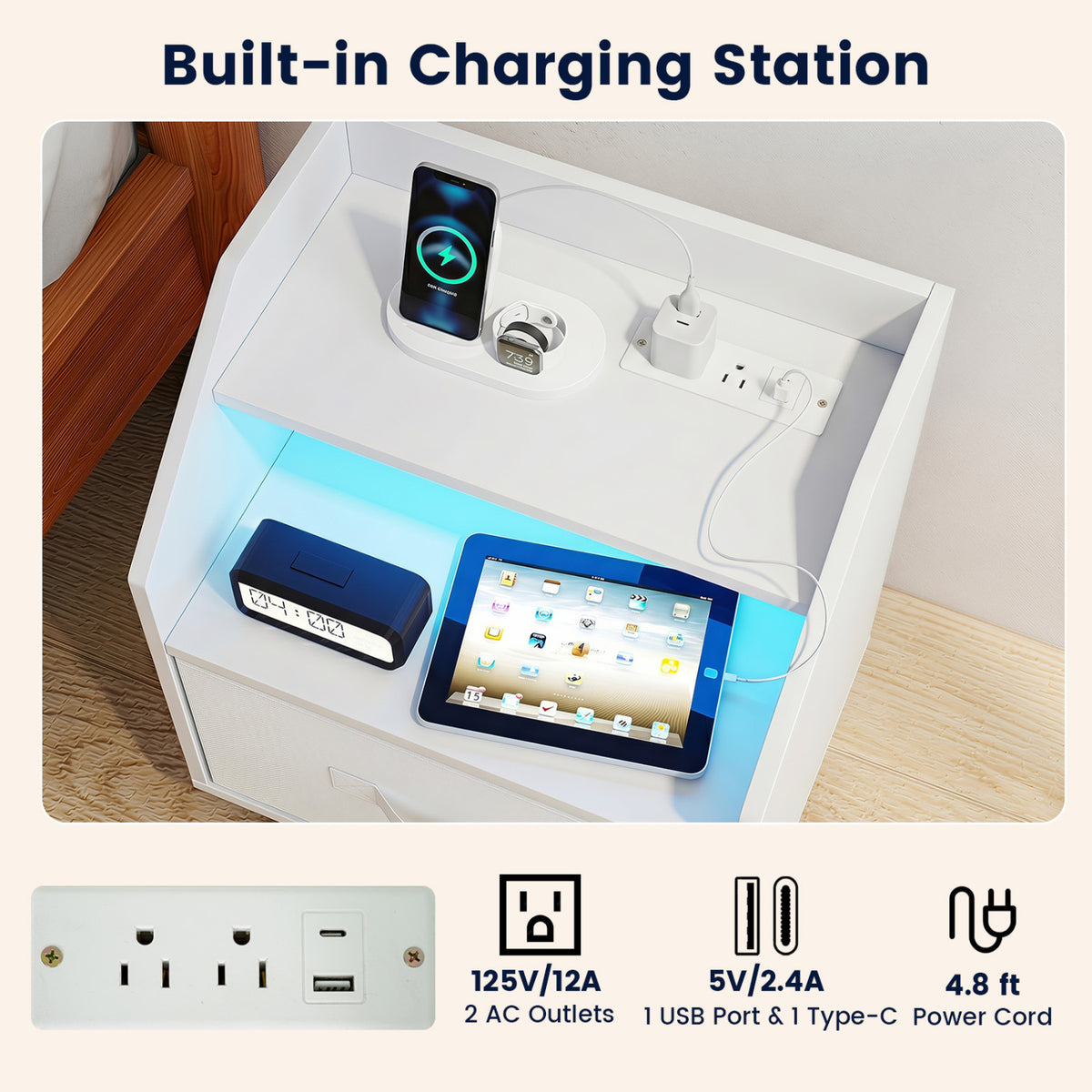 Nightstand with Power Outlets and LED Lighting, White