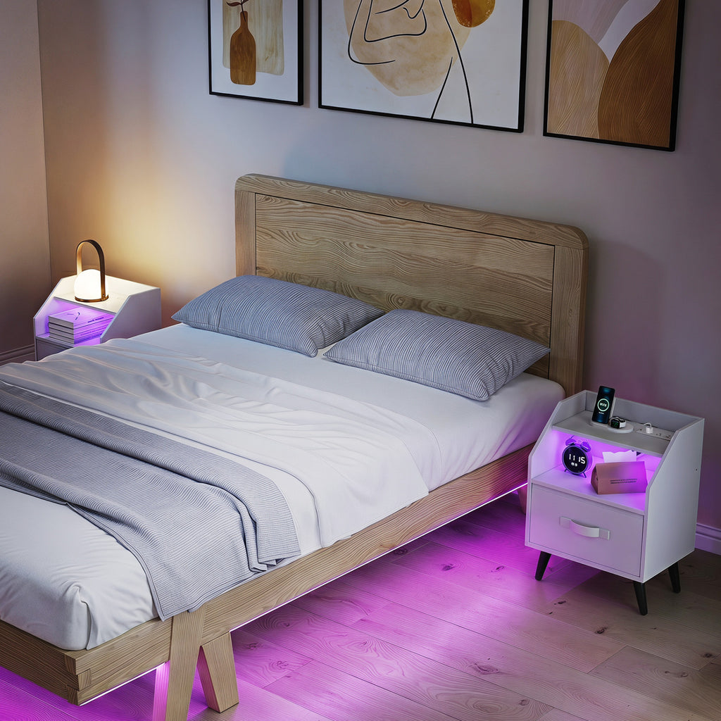 Nightstand with LED Lights and Power Outlets - White