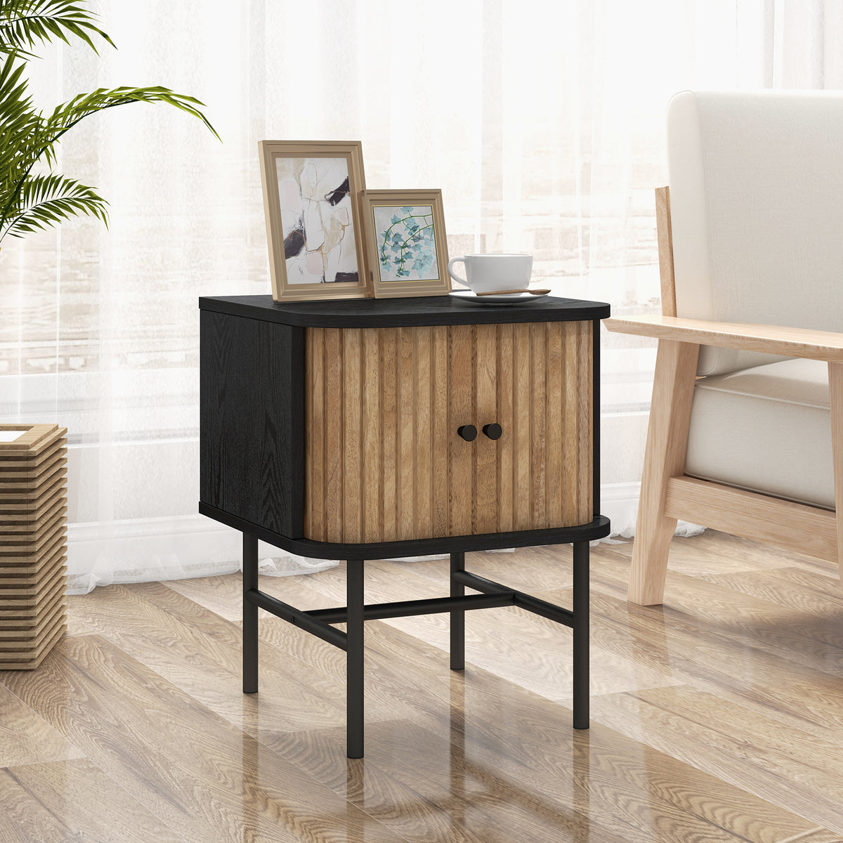 Mid-Century Modern Nightstand with Sliding Doors, White