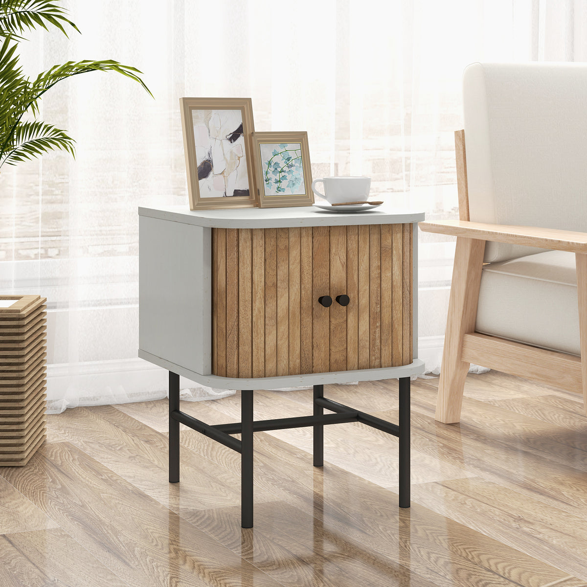 Mid-Century Modern Nightstand with Sliding Doors, White