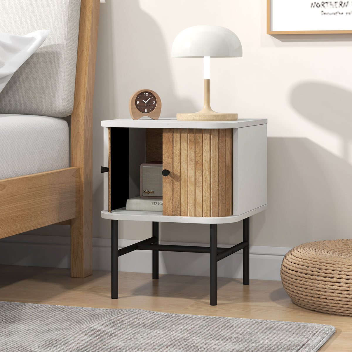 Mid-Century Modern Nightstand with Sliding Doors, White