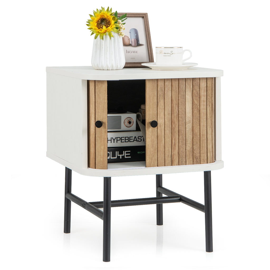 Mid-Century Modern Nightstand with Sliding Doors, White