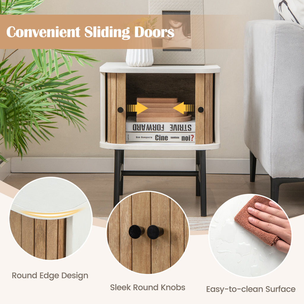 Mid-Century Modern Nightstand with Sliding Doors, White