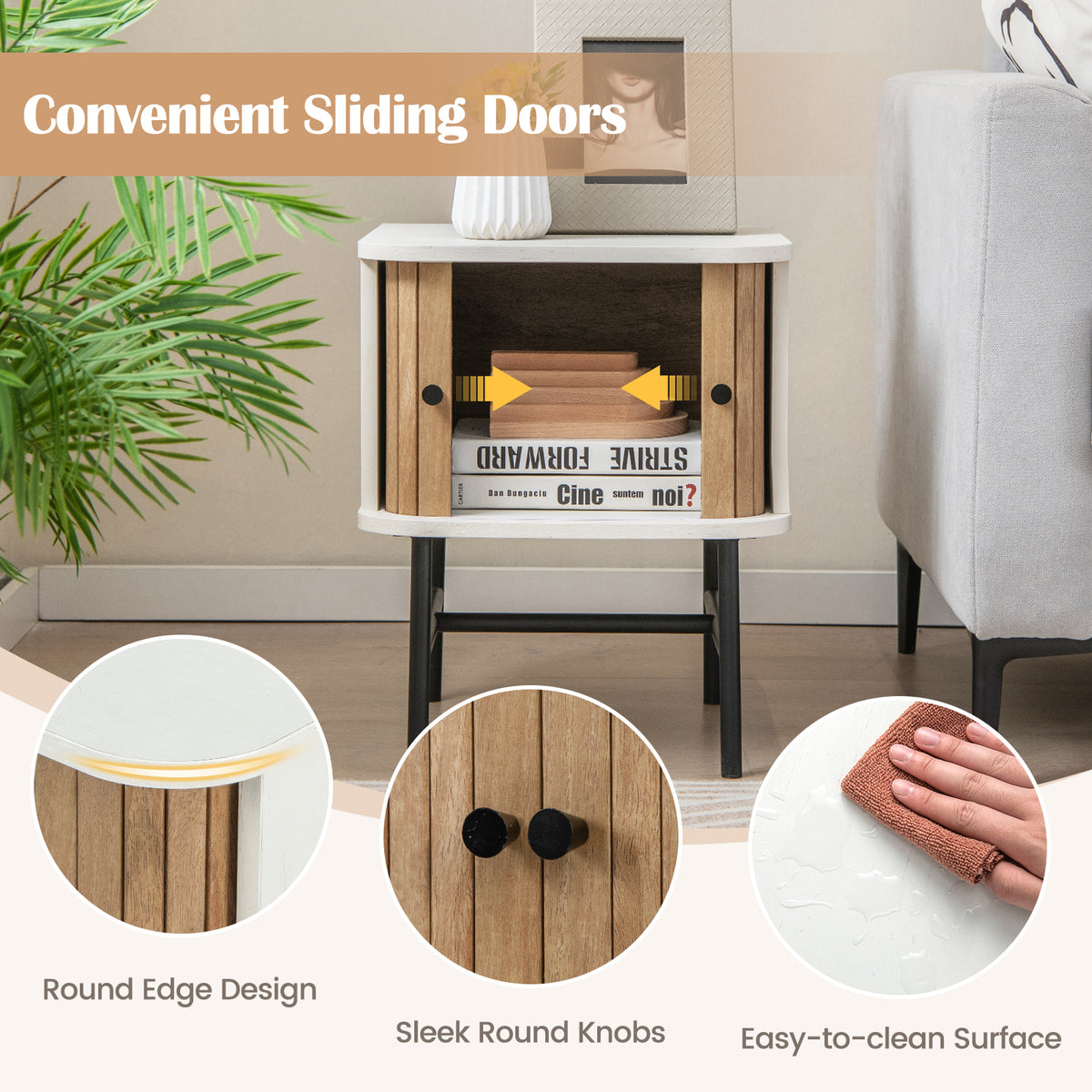 Mid-Century Modern Nightstand with Sliding Doors, White