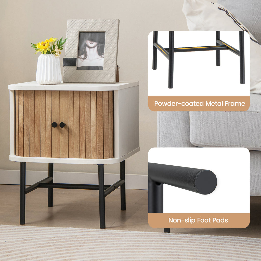 Mid-Century Modern Nightstand with Sliding Doors, White