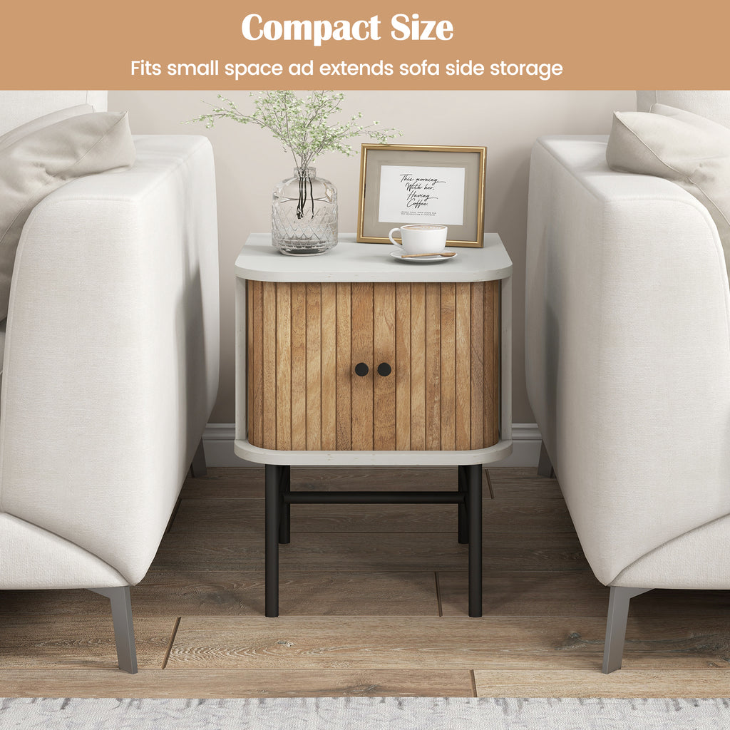 Mid-Century Modern Nightstand with Sliding Doors, White