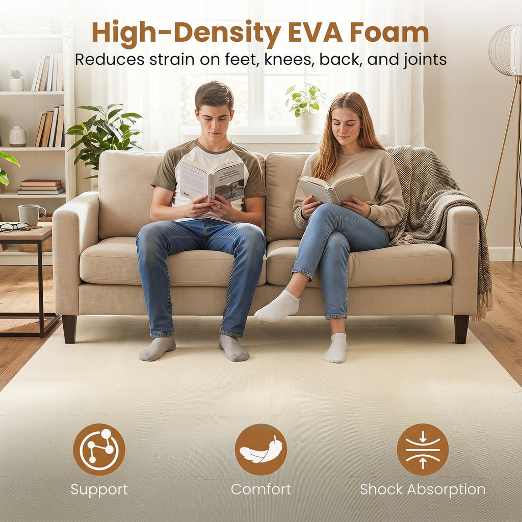 Non-Slip Foam Floor Tiles for Living Room & Home Gym - 36 Beige Pieces