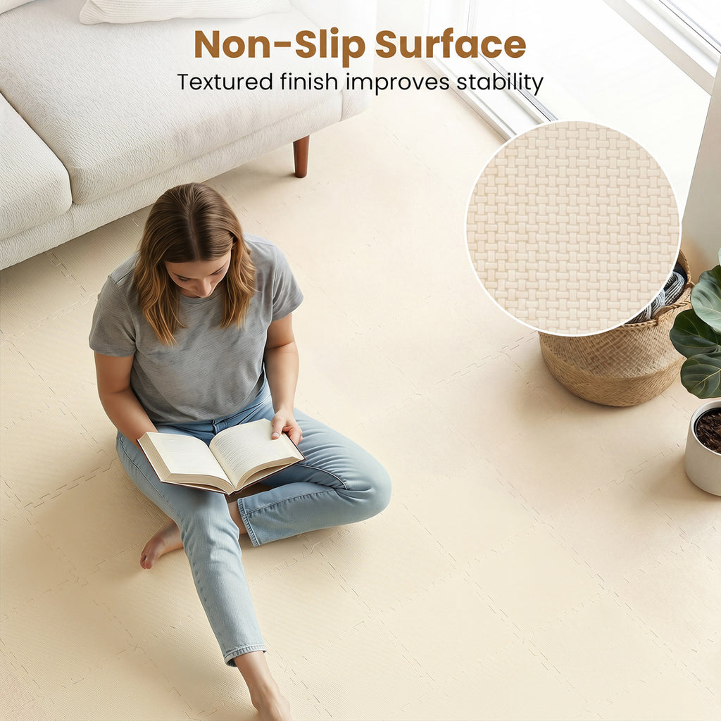 Non-Slip Foam Floor Tiles for Living Room & Home Gym - 36 Beige Pieces