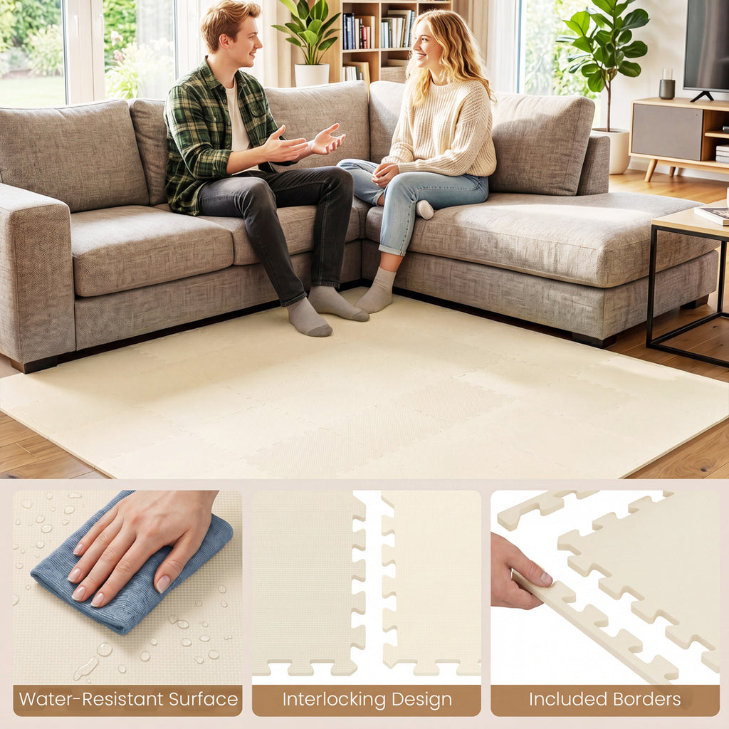 Non-Slip Foam Floor Tiles for Living Room & Home Gym - 36 Beige Pieces