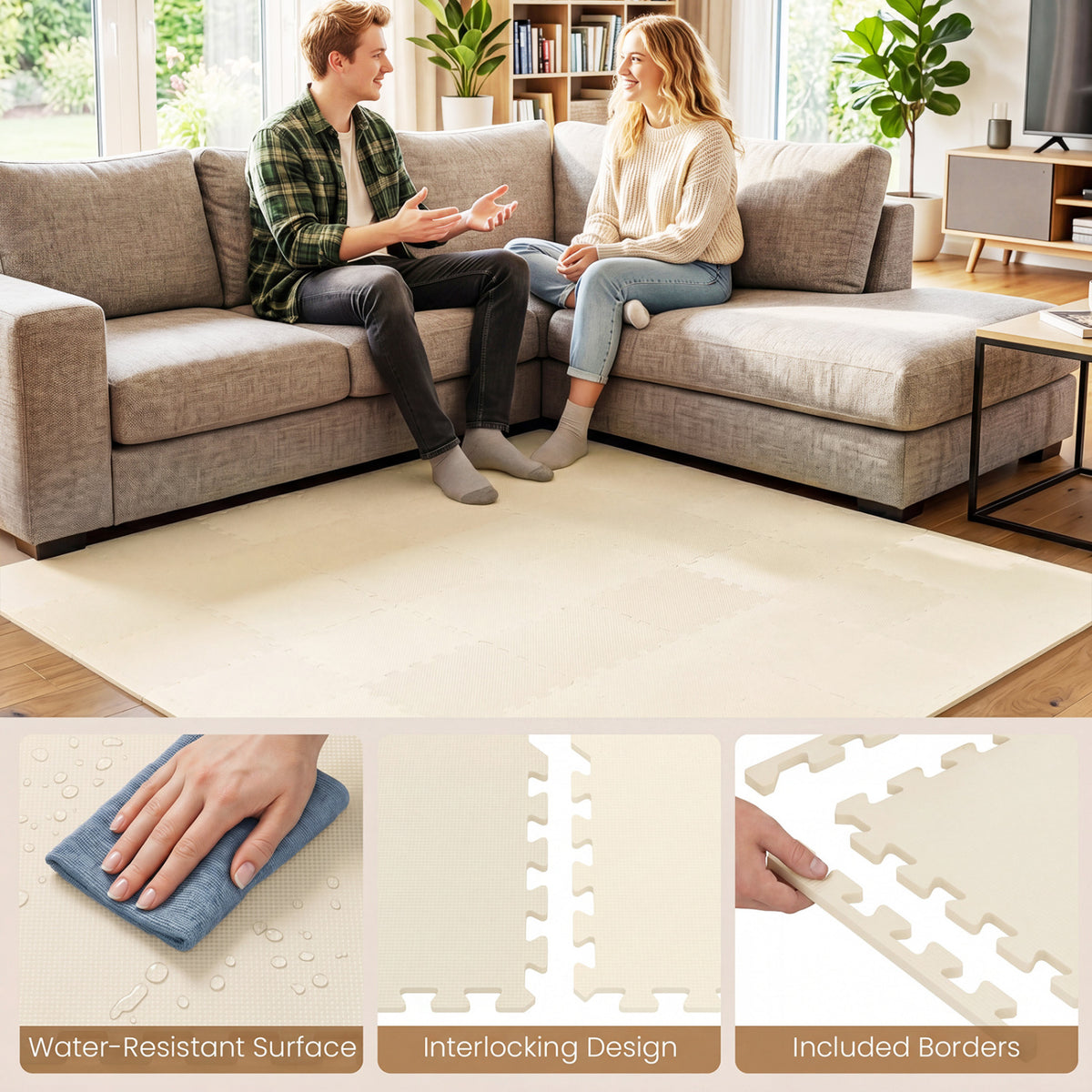 Non-Slip Foam Floor Tiles for Living Room & Home Gym - 36 Beige Pieces