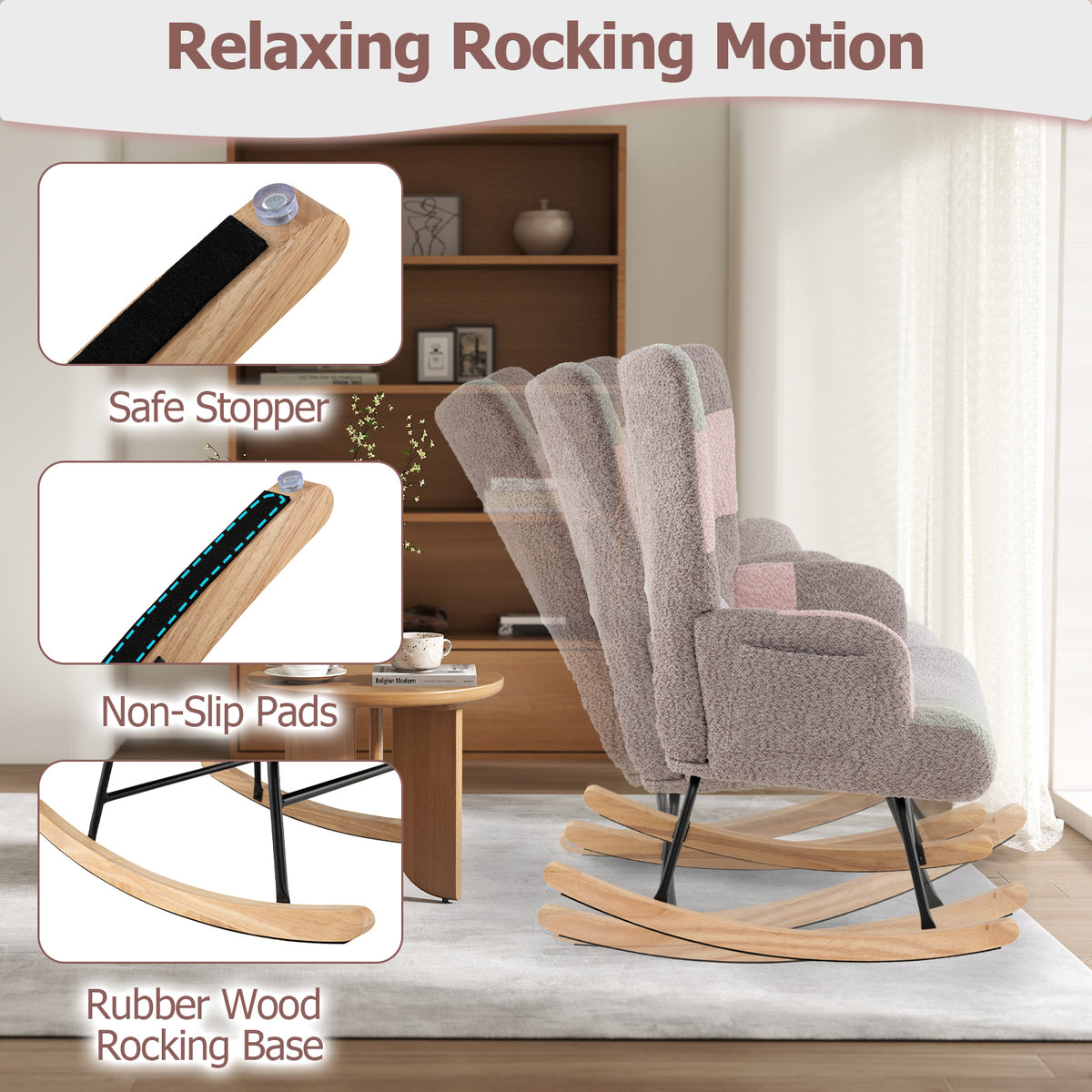 Rocking Chair with High Backrest & Armrests - Boucle