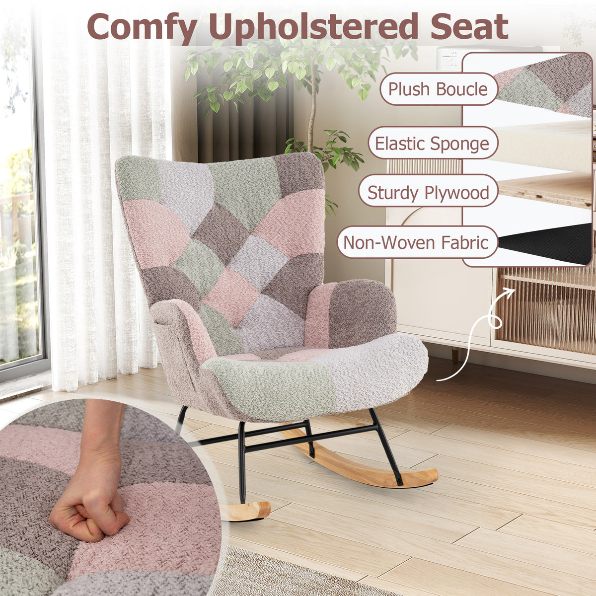 Rocking Chair with High Backrest & Armrests - Boucle