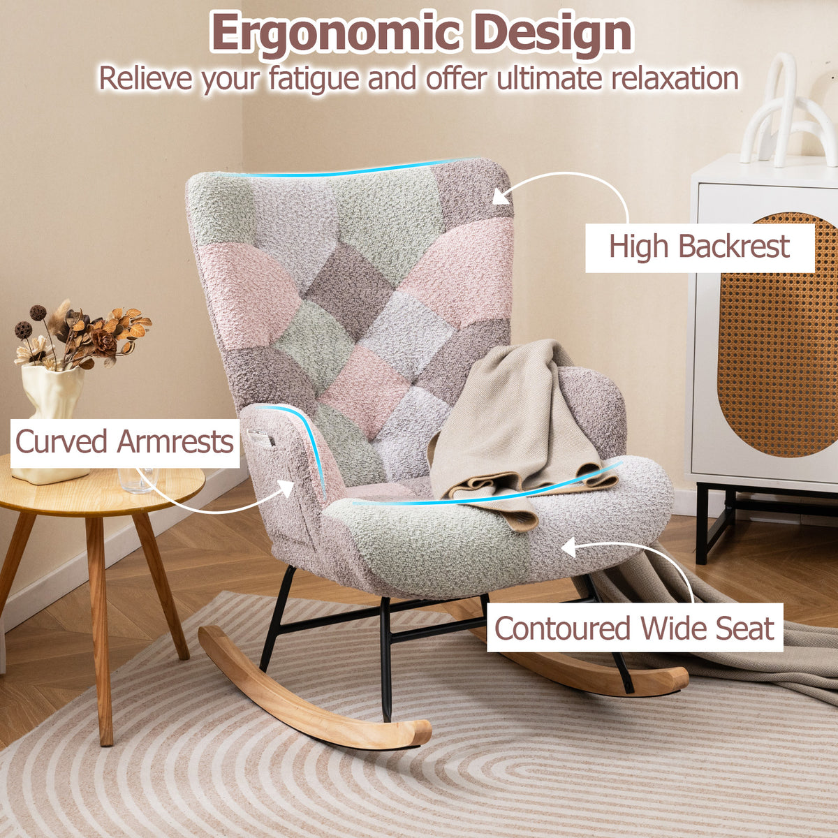 Rocking Chair with High Backrest & Armrests - Boucle