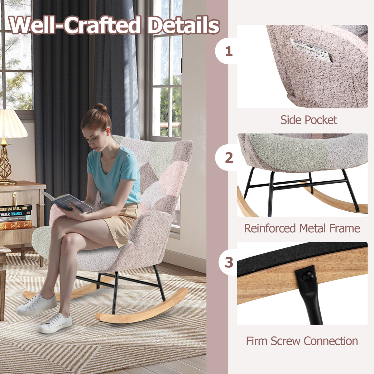 Rocking Chair with High Backrest & Armrests - Boucle