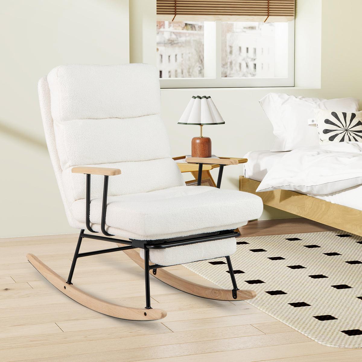 Nursery Rocking Chair Teddy Velvet Upholstered - White