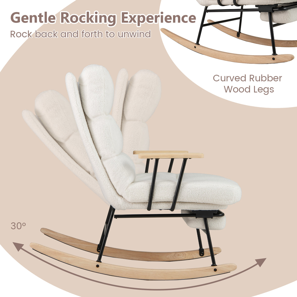 Nursery Rocking Chair Teddy Velvet Upholstered - White