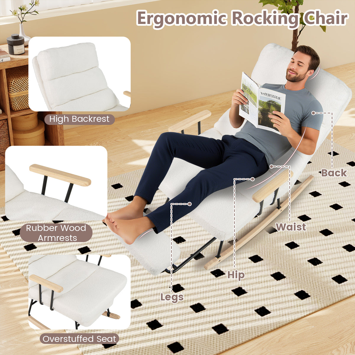 Nursery Rocking Chair Teddy Velvet Upholstered - White