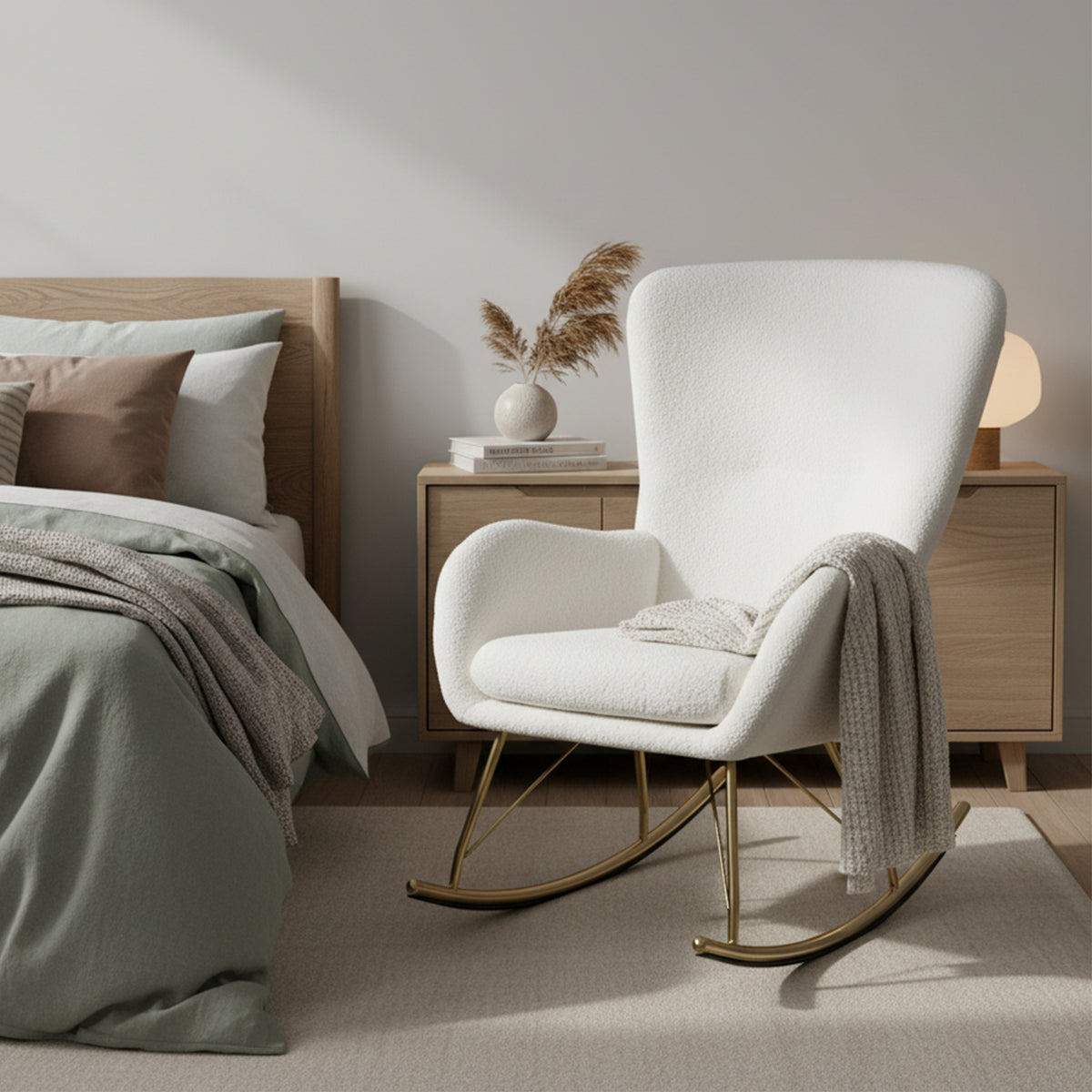 Nursery Rocking Chair with Curved Armrests - White