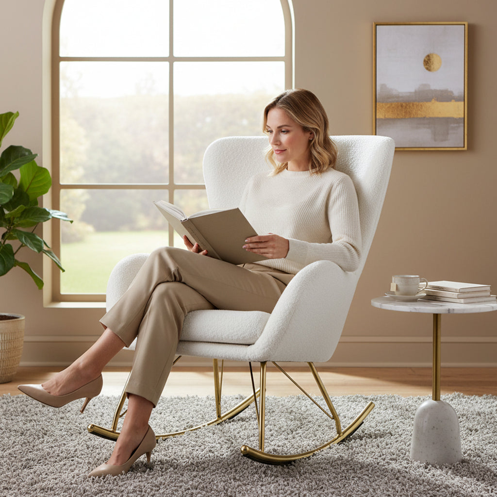 Nursery Rocking Chair with Curved Armrests - White