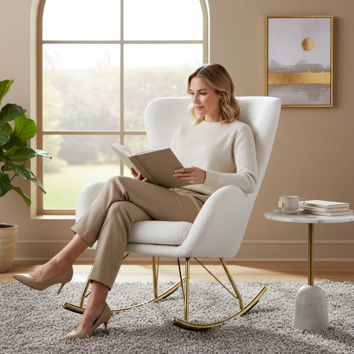 Nursery Rocking Chair with Curved Armrests - White