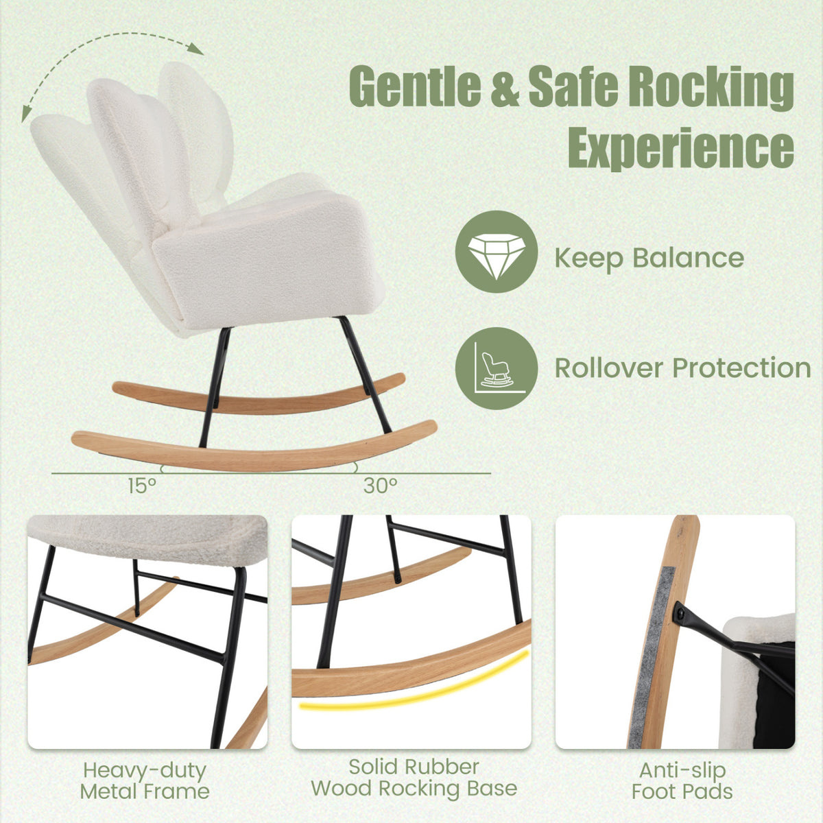 Nursery Rocking Chair with Teddy Fleece Fabric, Beige