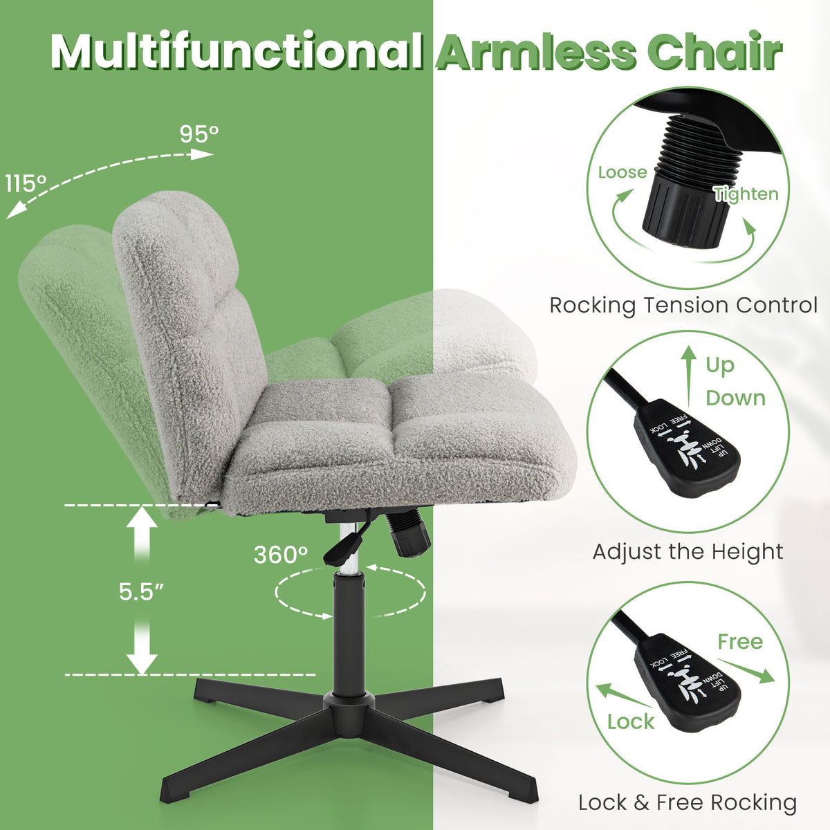Office Armless Chair Cross Legged with Imitation Lamb Fleece and