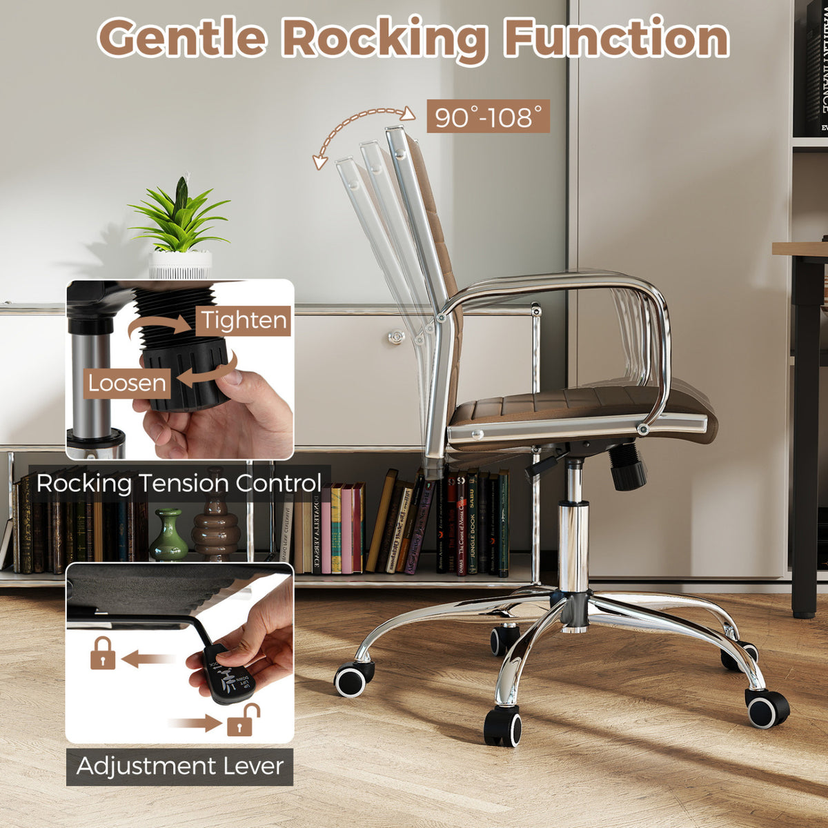 Office Chair Height Adjustable with Rocking Backrest - PU Leather, Brown