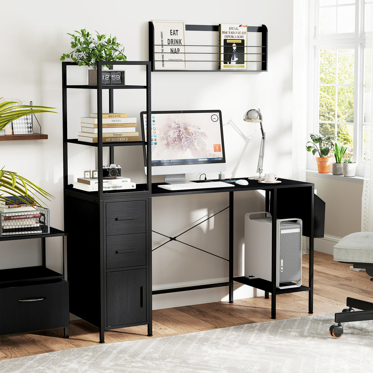 Computer Desk with RGB LED Lights & Power Outlets - Black