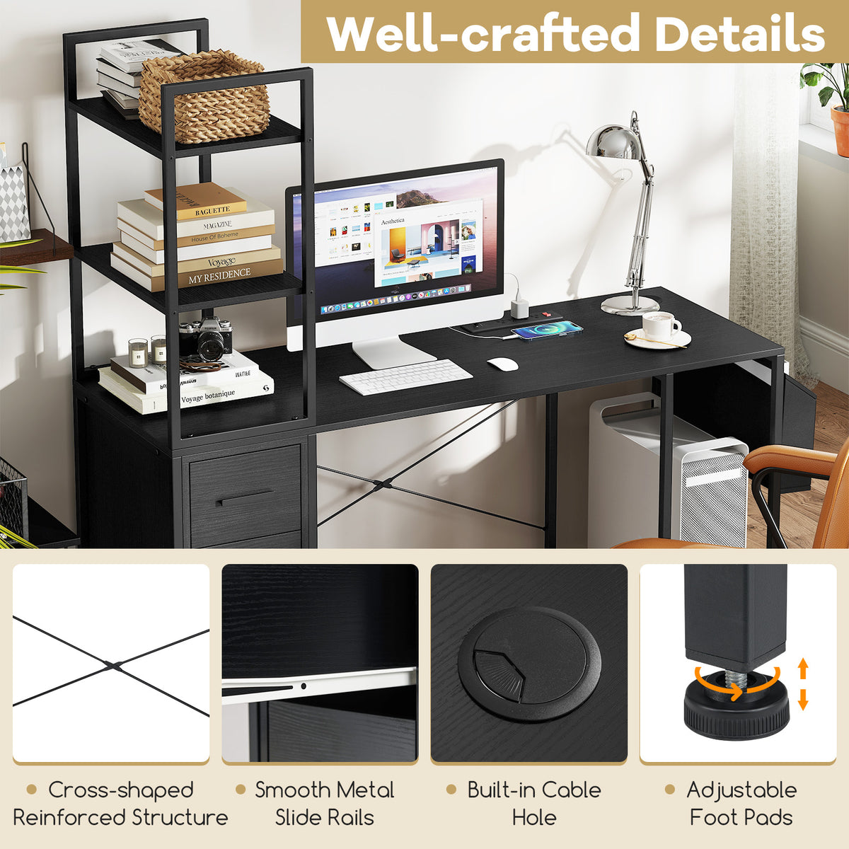 Computer Desk with RGB LED Lights & Power Outlets - Black