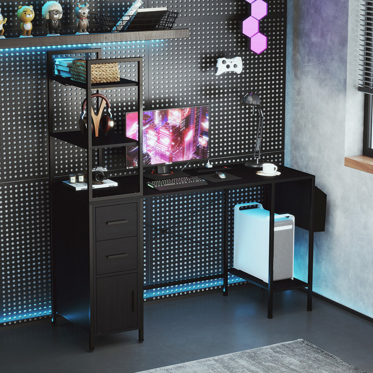 Computer Desk with RGB LED Lights & Power Outlets - Black