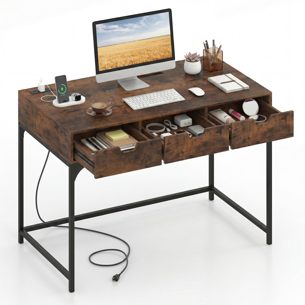 Office Desk with Power Outlets and Storage Drawers - White