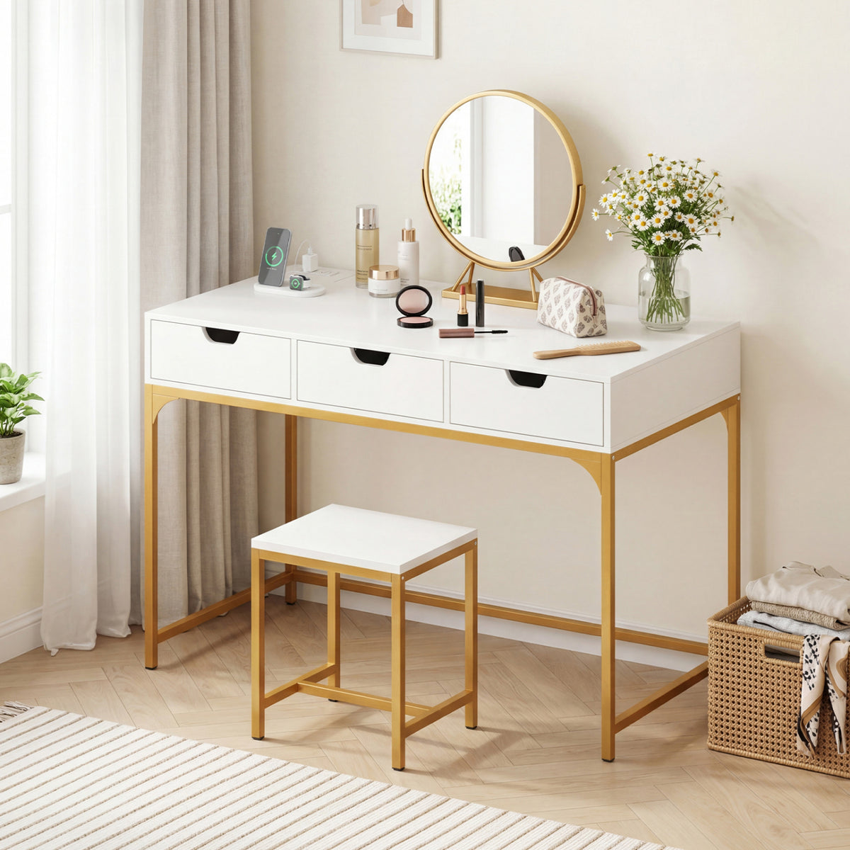 Office Desk with Power Outlets and Storage Drawers - White