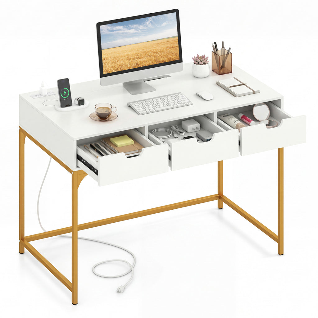 Office Desk with Power Outlets and Storage Drawers - White