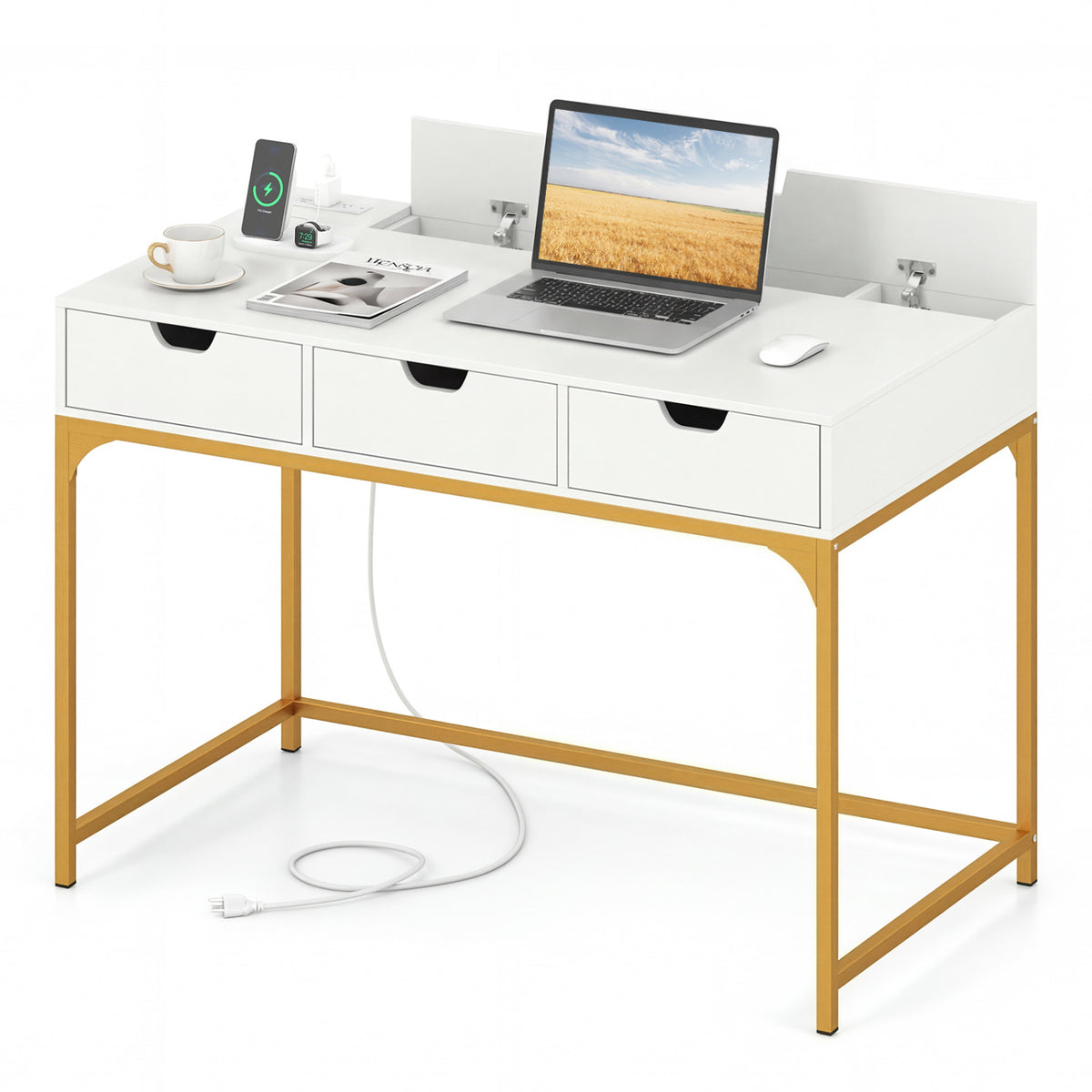 Office Desk with Power Outlets and Storage Drawers - White